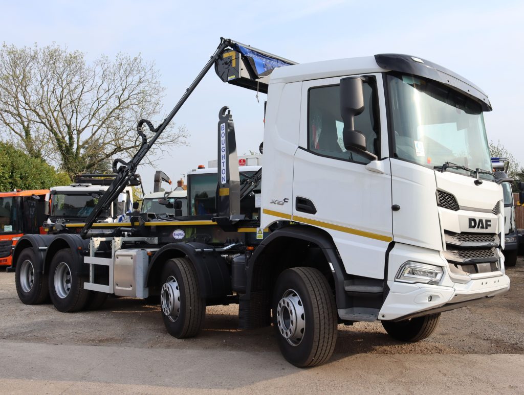 Front offside of a DAF XDC 450 fitted with a Boughton Hook Loader body