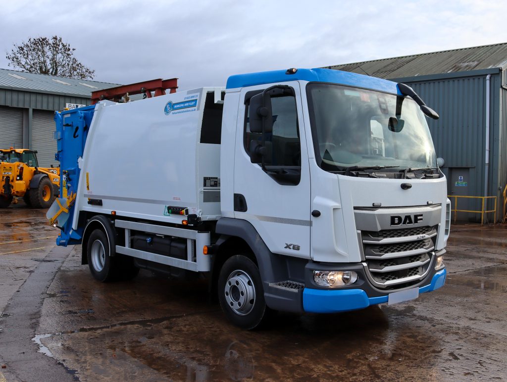 Front offside of an RVS Hire DAF XB fitted with NTM K-Maxi Trade body